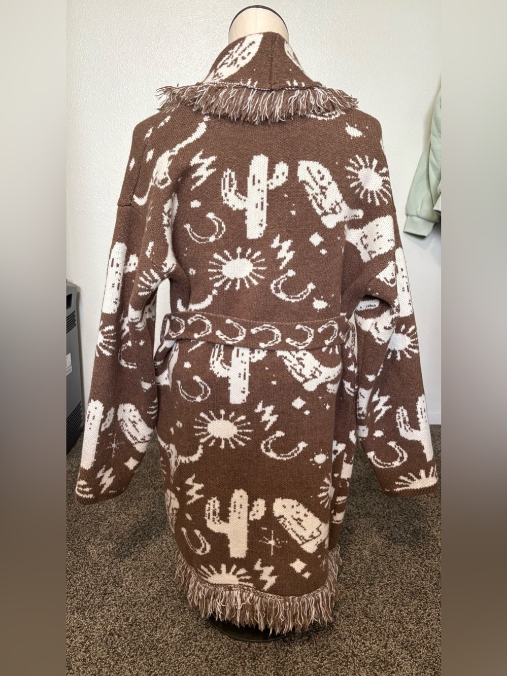 12th Tribe Brown and Cream Fringe Belted Cardigan - Picture 2 of 4